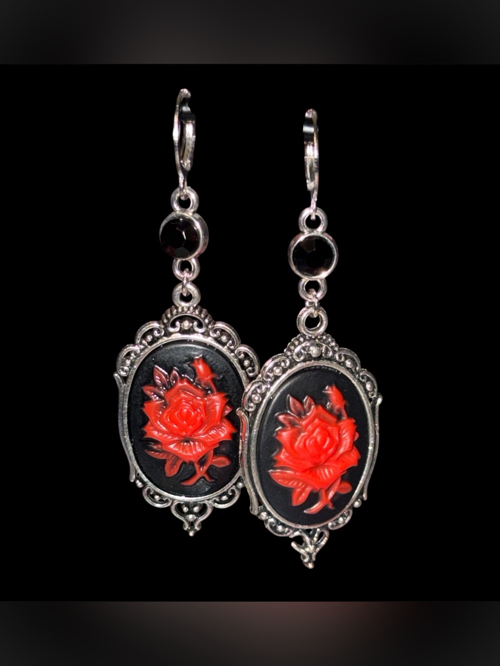 Handmade Red Rose Cameo Drop Earrings with Ornate Silver Frame